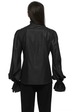Black Victorian gothic shirt with ruffled collar and bishop sleeves - back full-body model view