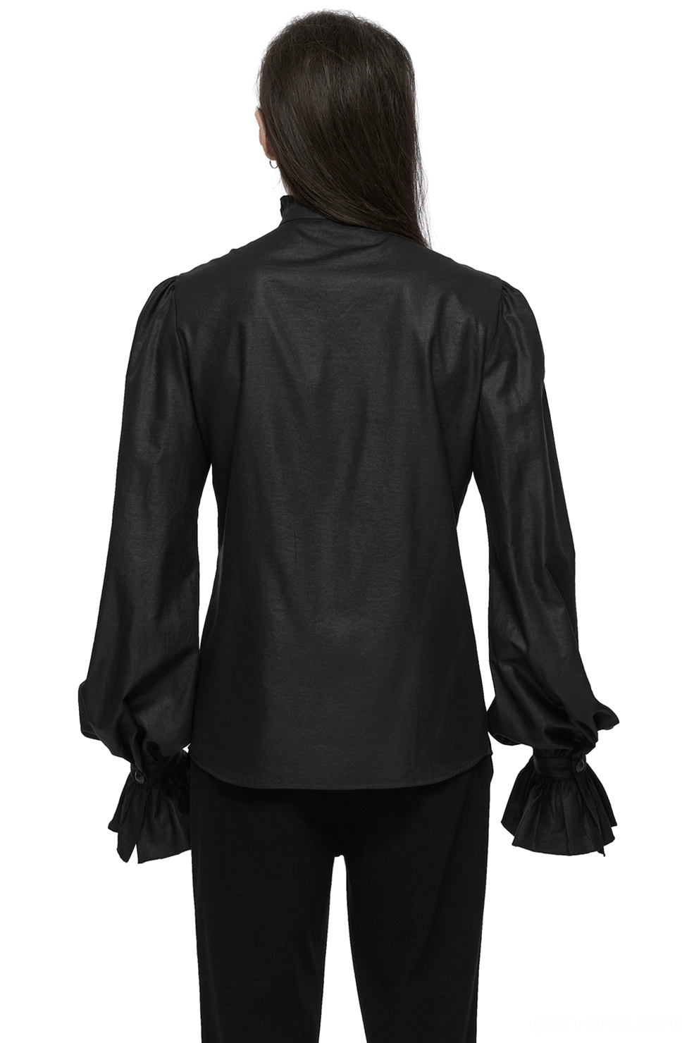 Black Victorian gothic shirt with ruffled collar and bishop sleeves - back full-body model view