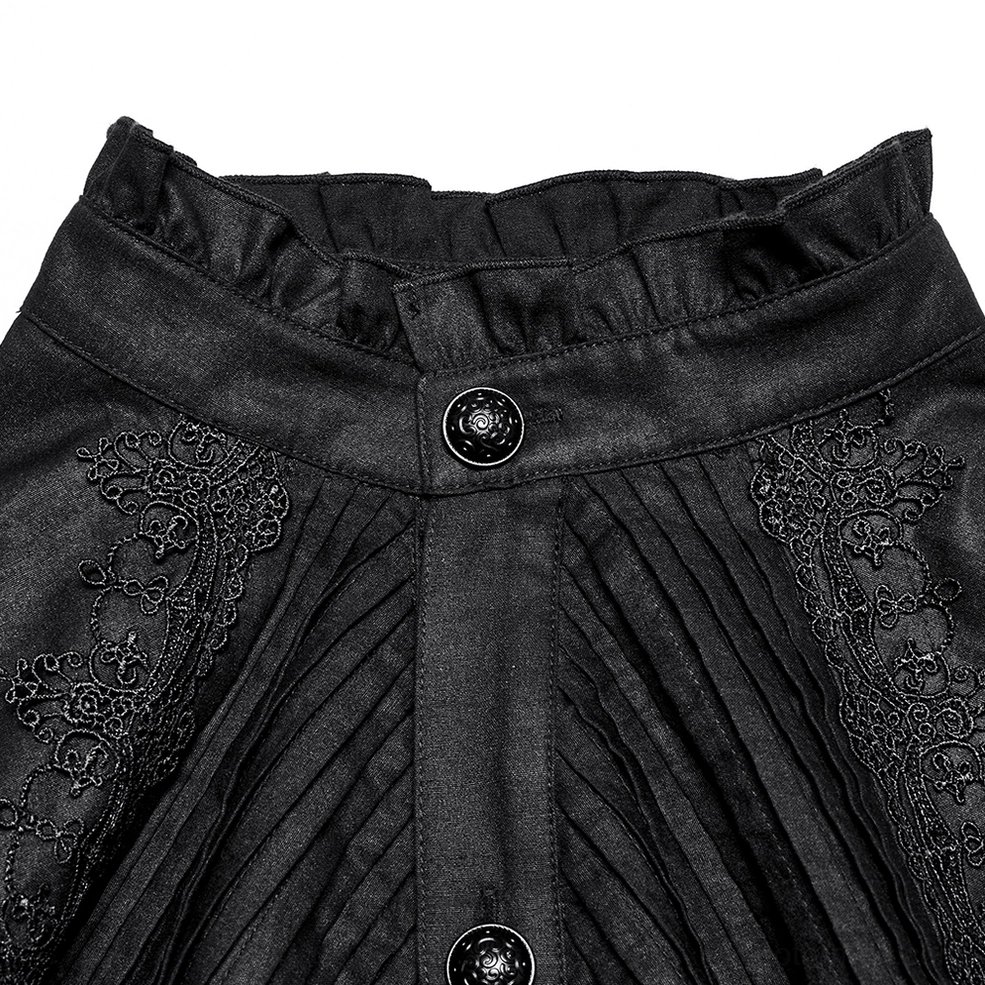 Close-up detail of ruffled stand collar and vintage metal buttons on black gothic shirt