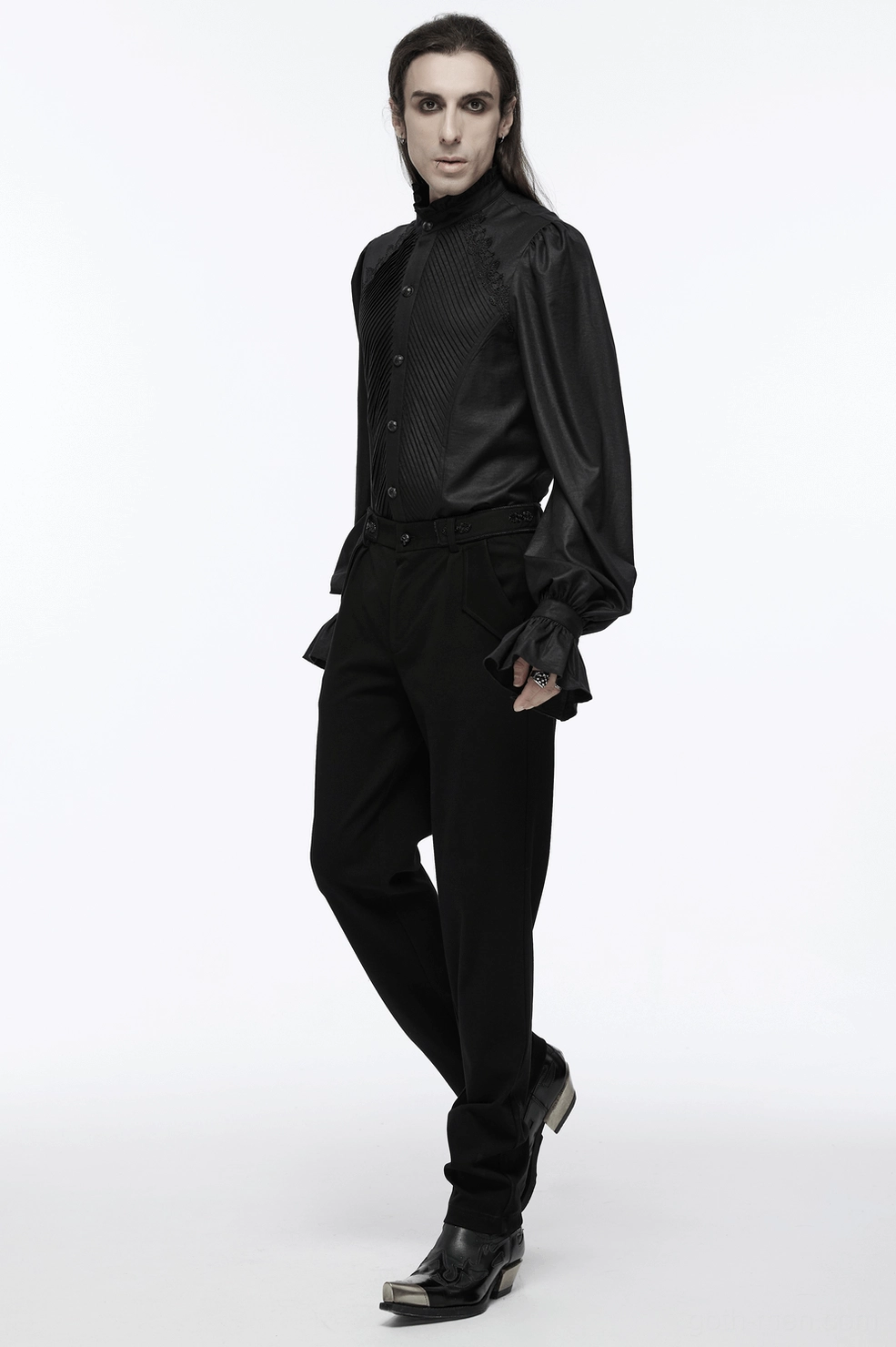 Black Victorian gothic shirt model wearing size M demonstrating fit and proportions