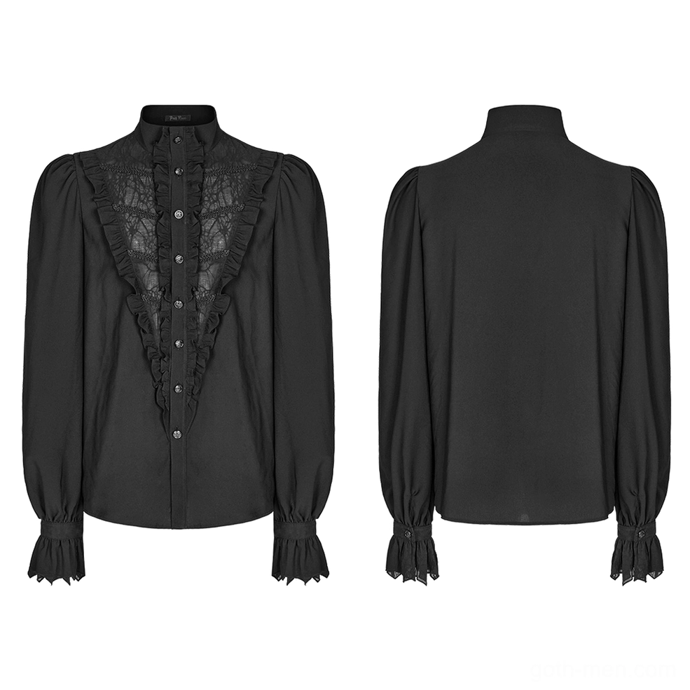 Black Victorian gothic ruffle shirt front and back flat lay displaying full design including button front and stand collar