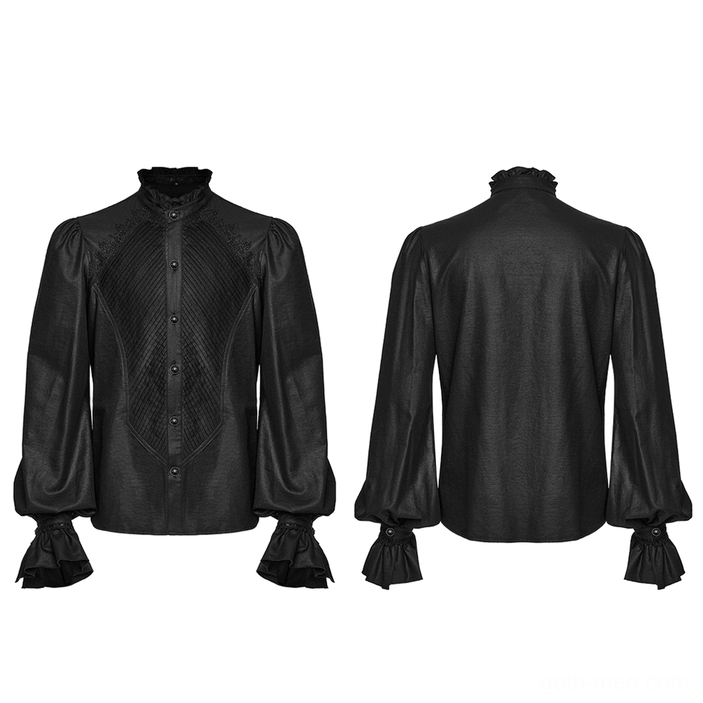 Black Victorian gothic shirt front and back flat lay view showing ruffled collar and cuffs