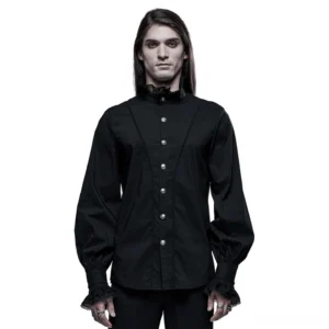 Black Victorian gothic dress shirt front view showing ruffled stand collar and lace-trimmed cuffs on male model