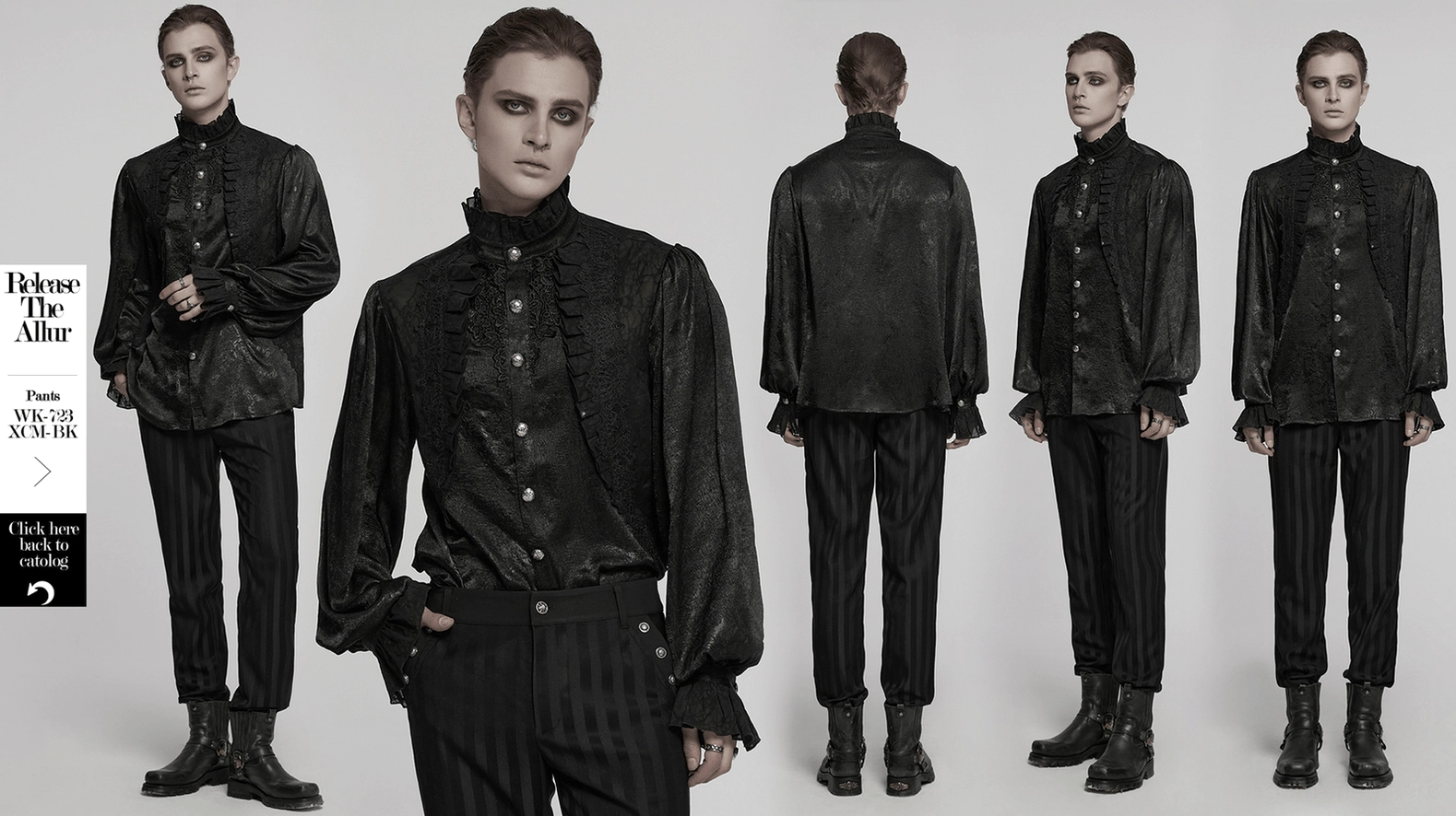 Full front display of black Victorian gothic shirt with engraved buttons and lace embellishments