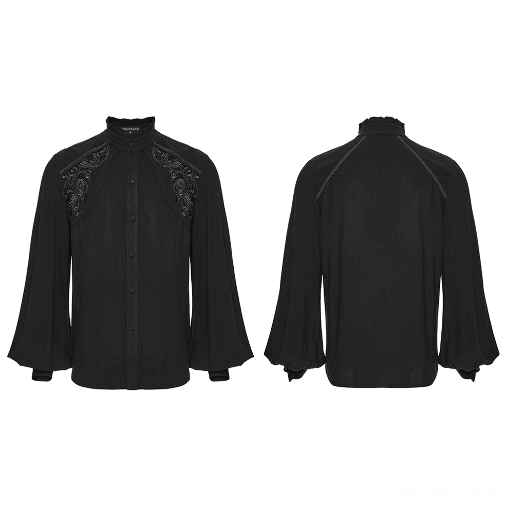 Black Victorian gothic shirt front and back flat lay, displaying ruffled stand collar, ornamental shoulder embroidery, full lantern sleeves, and button closure