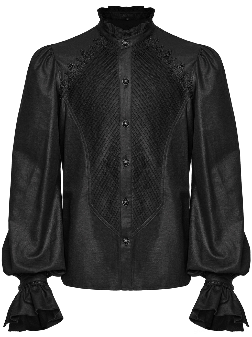Black Victorian gothic shirt flat lay front view with embroidered lace trim and pleated design
