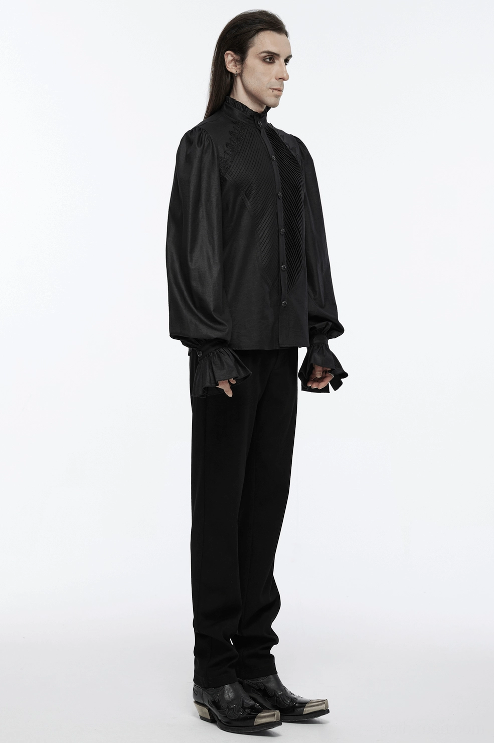Black Victorian gothic shirt complete view highlighting pin-tuck pleating and collar design