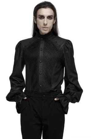 Black Victorian gothic shirt with ruffled collar and bishop sleeves - front full-body model view