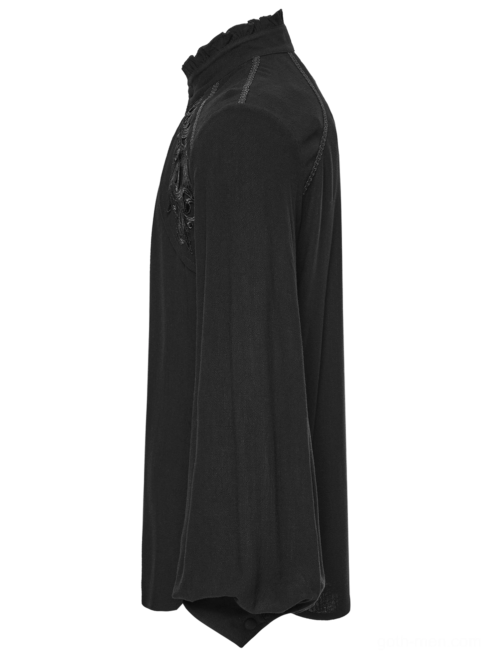 Black Victorian gothic shirt side profile showing flowing lantern sleeves with soft fabric drape and concealed shoulder embroidery