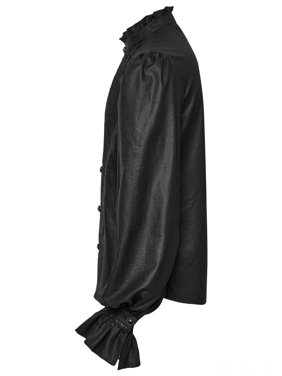 Black Victorian gothic shirt side view showing bishop sleeves and ruffled cuffs detail
