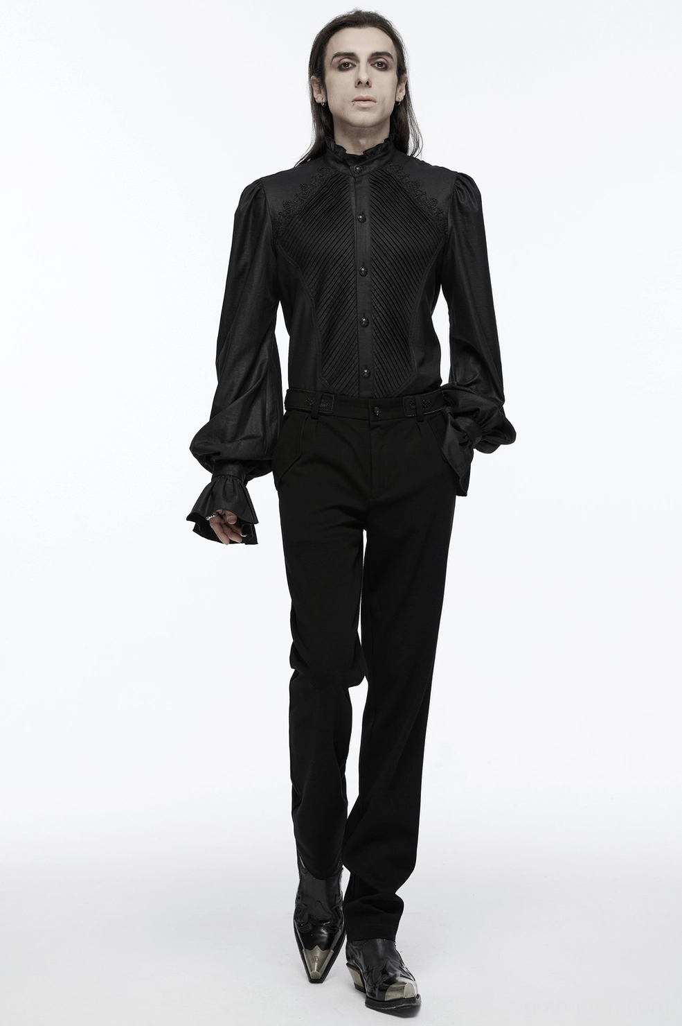 Black Victorian gothic shirt with ruffled sleeves showing dramatic silhouette and craftsmanship