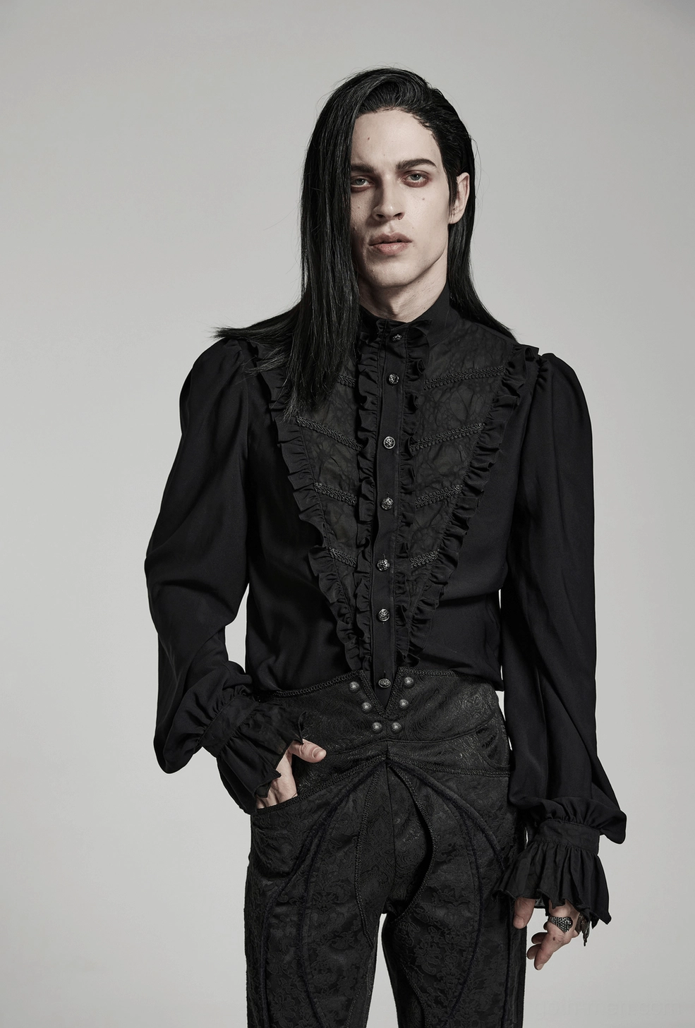 Black Victorian gothic ruffle shirt styled with alternative dark fashion accessories showcasing goth aesthetic versatility