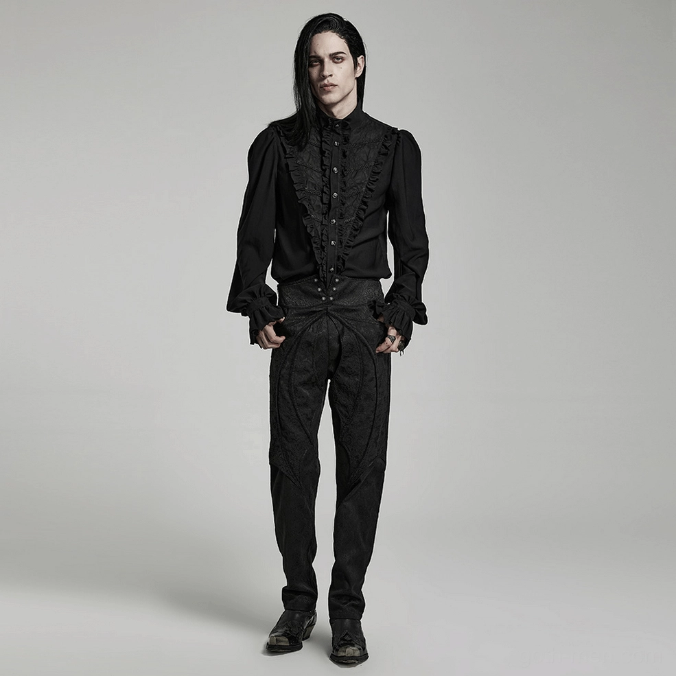 Alternative angle of black Victorian gothic ruffle shirt showing layered ruffle texture and overall gothic shirt construction