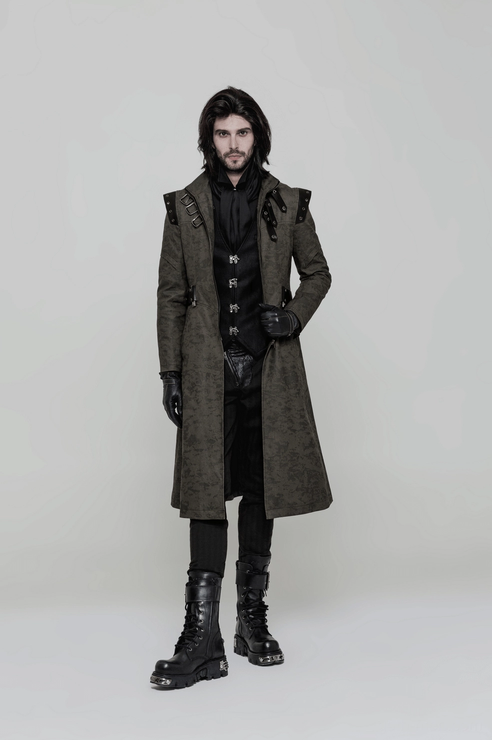 Black Victorian gothic waistcoat full length front view with metal clasps and leather shoulders