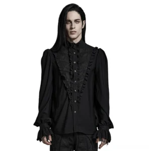 Black Victorian ruffle gothic shirt front view with stand collar, ruffled lace placket, and bishop sleeves