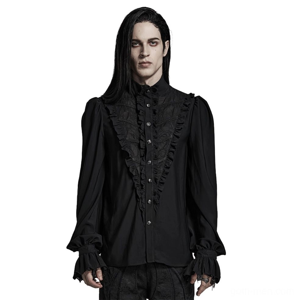 Black Victorian ruffle gothic shirt front view with stand collar, ruffled lace placket, and bishop sleeves