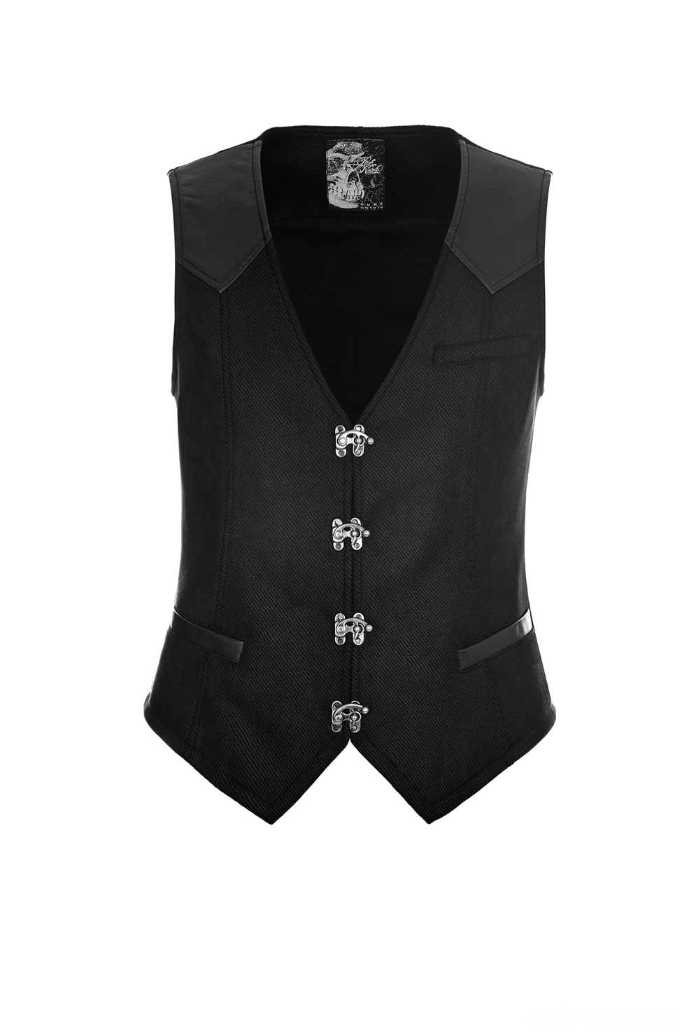 Black Victorian gothic waistcoat direct front shot with four antique clasps and leather welt pockets