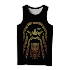 Black sleeveless gothic tank top featuring intricate gold Odin face with teal eye and detailed Celtic ornament design, flat lay front view