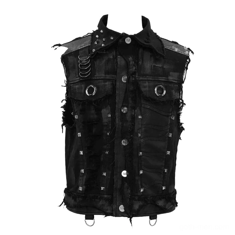 Black gothic sleeveless waistcoat with chest D-rings and metal rivet details flat lay