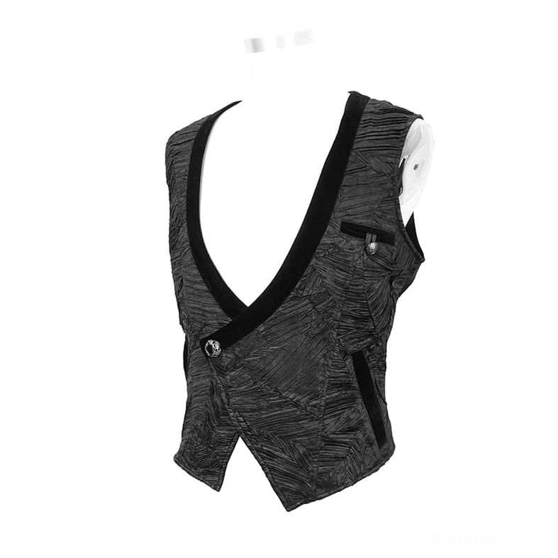 Black gothic waistcoat three-quarter front view showing crinkled leaf pattern fabric and side pockets