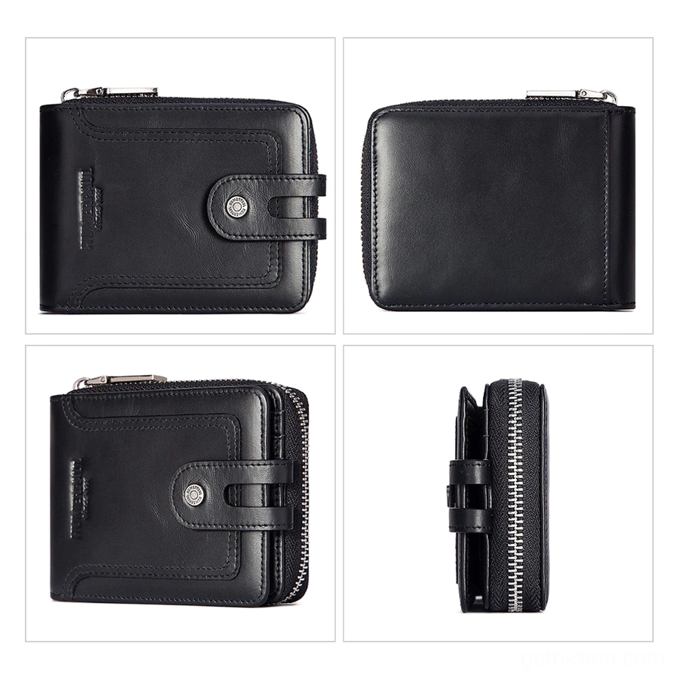 Black leather men's wallet multi-view display front back and side, metal hardware details