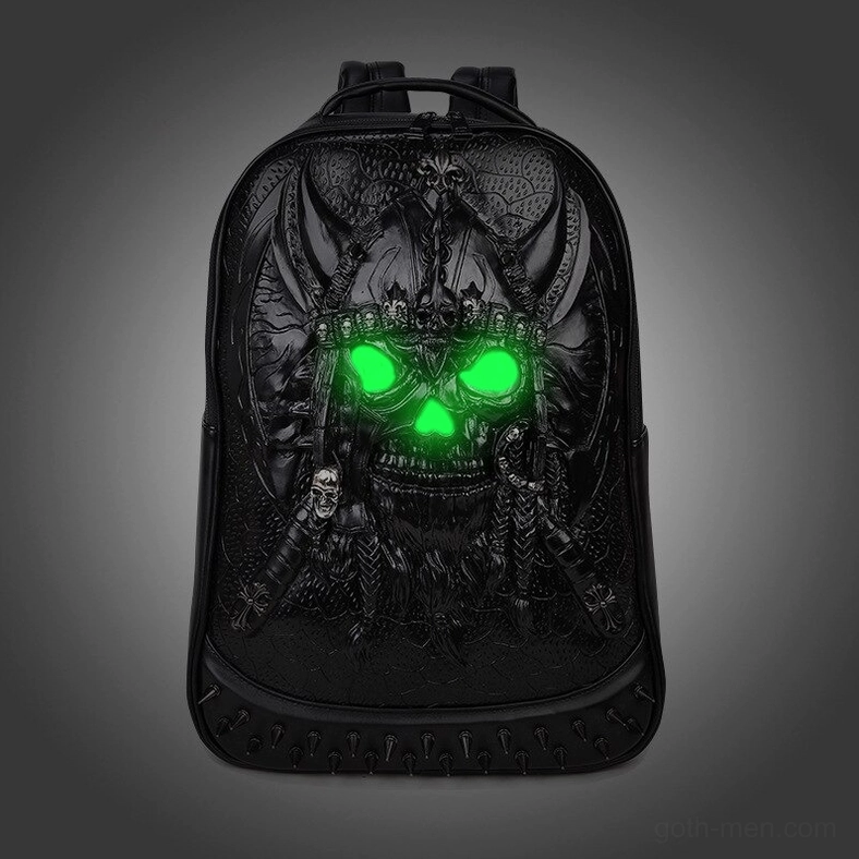 Black embossed warrior skull gothic backpack with neon green glow aesthetic