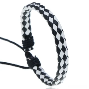 Black and white checkerboard gothic braided leather bracelet with geometric weave pattern and adjustable closure
