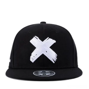 Black and white gothic snapback cap with white embroidered X symbol, flat brim baseball hat front view