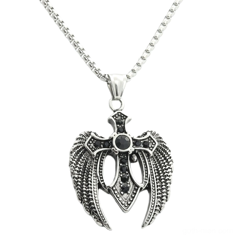 Black gemstone winged cross pendant gothic necklace silver box chain front view