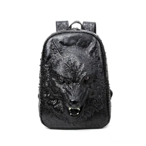 Black 3D wolf head gothic backpack with crocodile embossed PU leather and metallic wolf ornament - front view