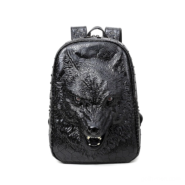 Black 3D wolf head gothic backpack with crocodile embossed PU leather and metallic wolf ornament - front view