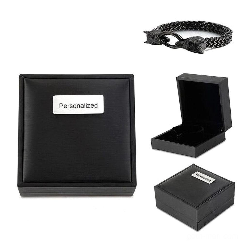 Black gothic wolf head stainless steel bracelet with premium gift box packaging