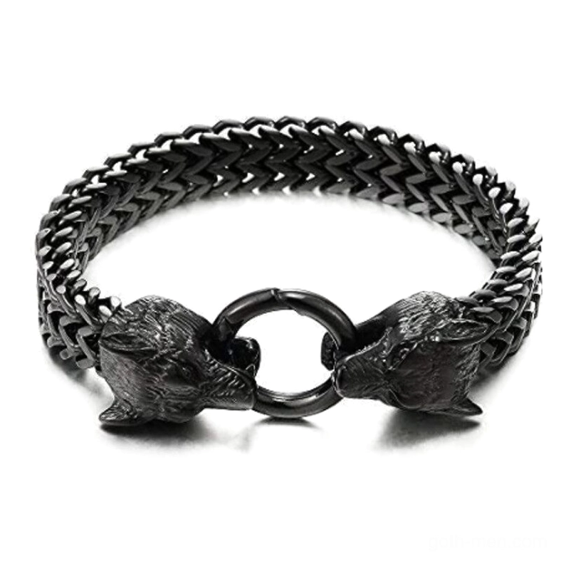 Black wolf head stainless steel gothic bracelet overhead flat lay view with wheat chain design