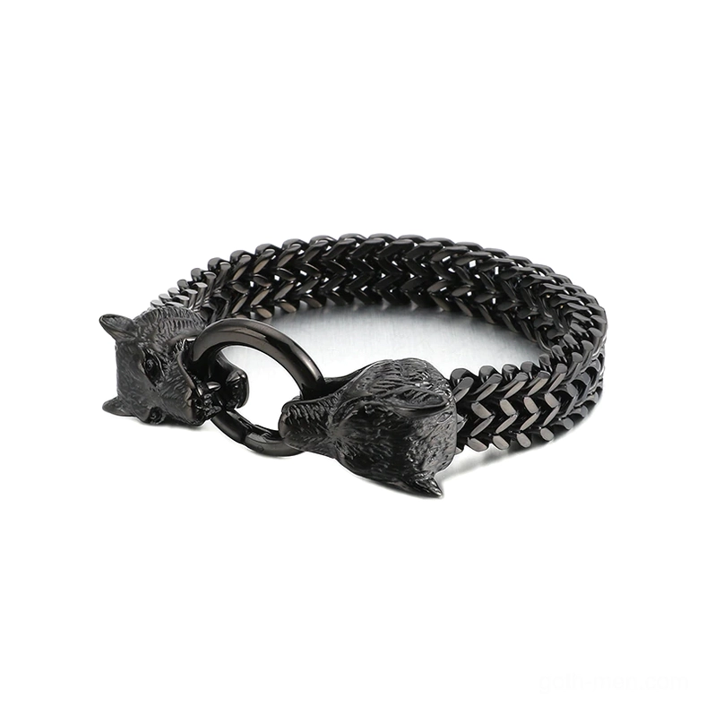 Black wolf head stainless steel gothic bracelet side view showing wolf clasp front detail