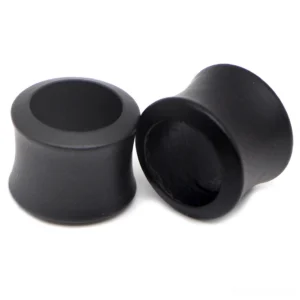 Black wood ear tunnels hollow gothic plugs with waisted hourglass design front view