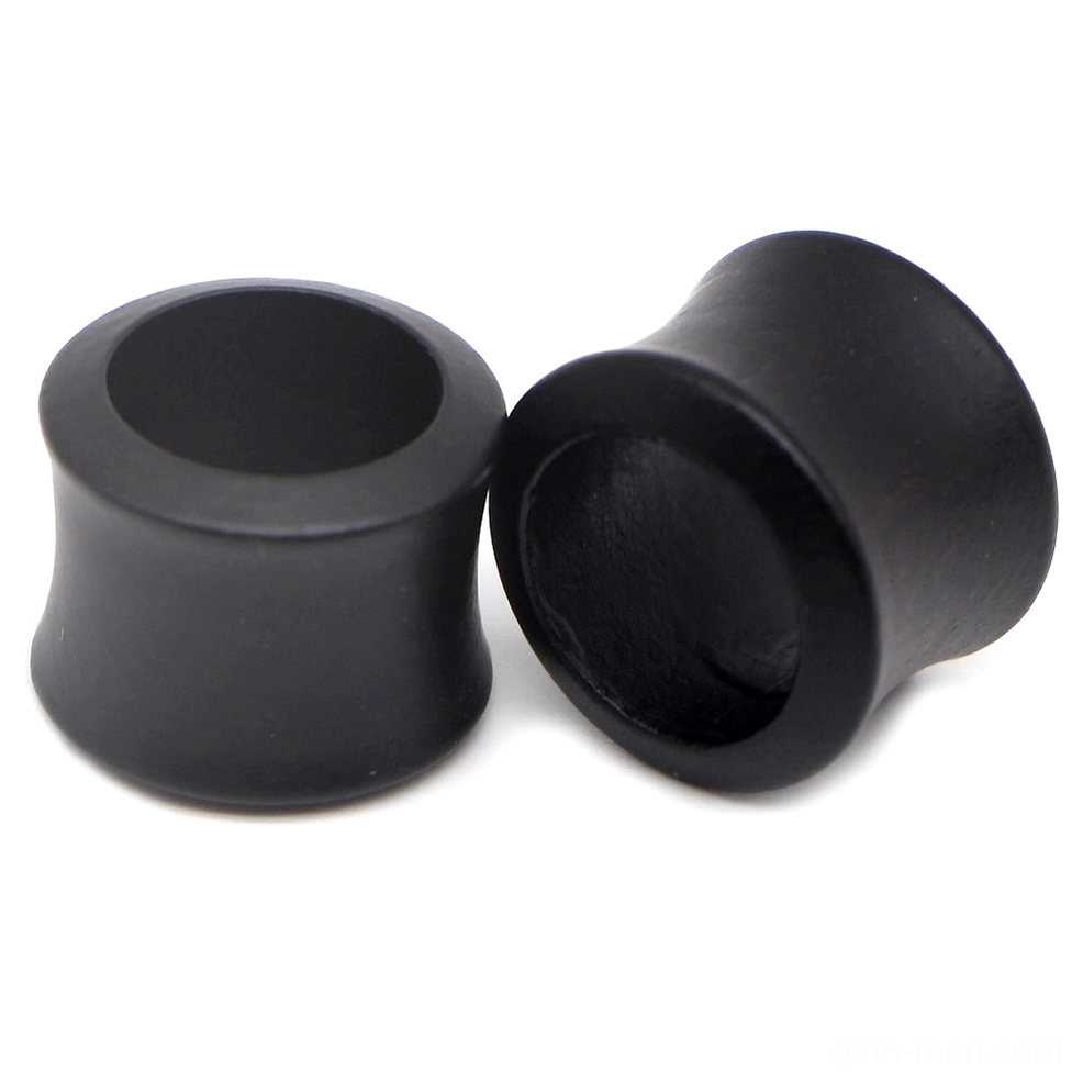 Black wood ear tunnels hollow gothic plugs with waisted hourglass design front view
