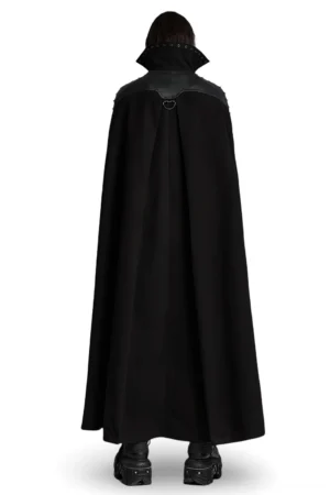 Gothic black wool cape back view showing flowing silhouette and D-ring hardware detail