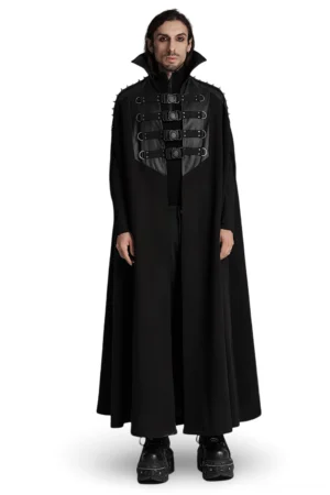 Men's black wool gothic cape with D-ring buckles and high stand collar, front full-body view on model