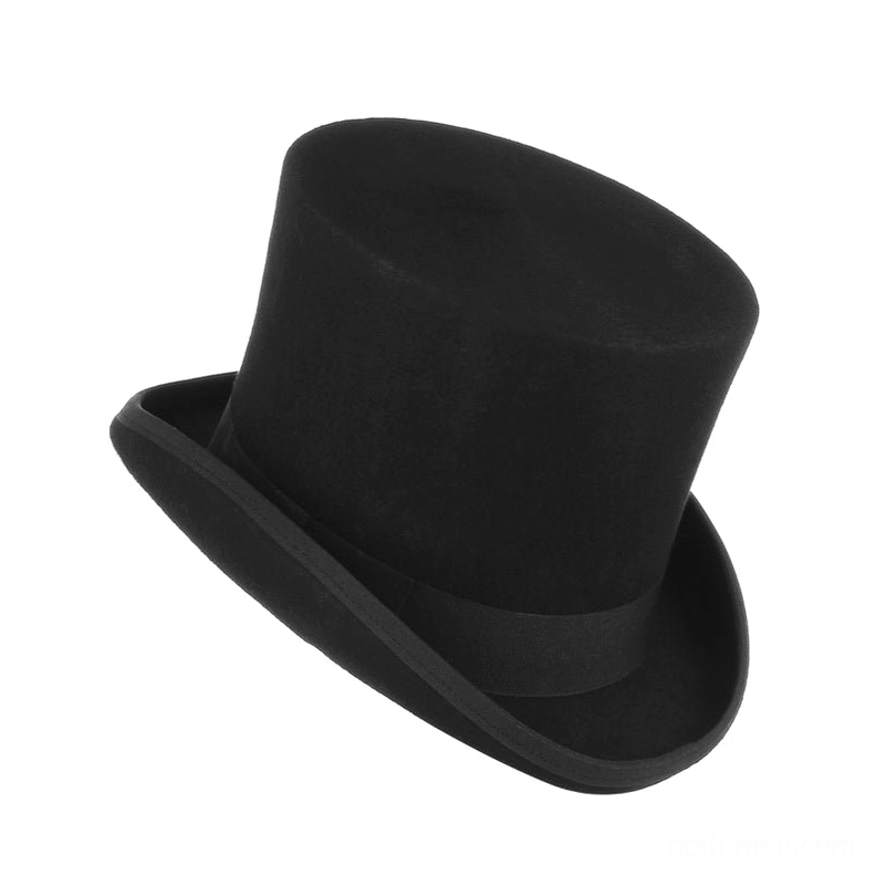Black slim tall wool top hat three-quarter angle with narrow satin band and refined curved brim