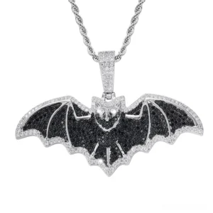 Silver gothic bat necklace pendant front view with CZ stone embellishment and reinforced bail, detailed stone work on wings