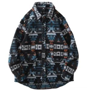 Blue black tribal print gothic shirt front view with turn-down collar chest pockets button closure