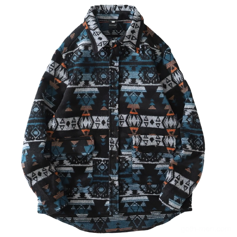 Blue black tribal print gothic shirt front view with turn-down collar chest pockets button closure