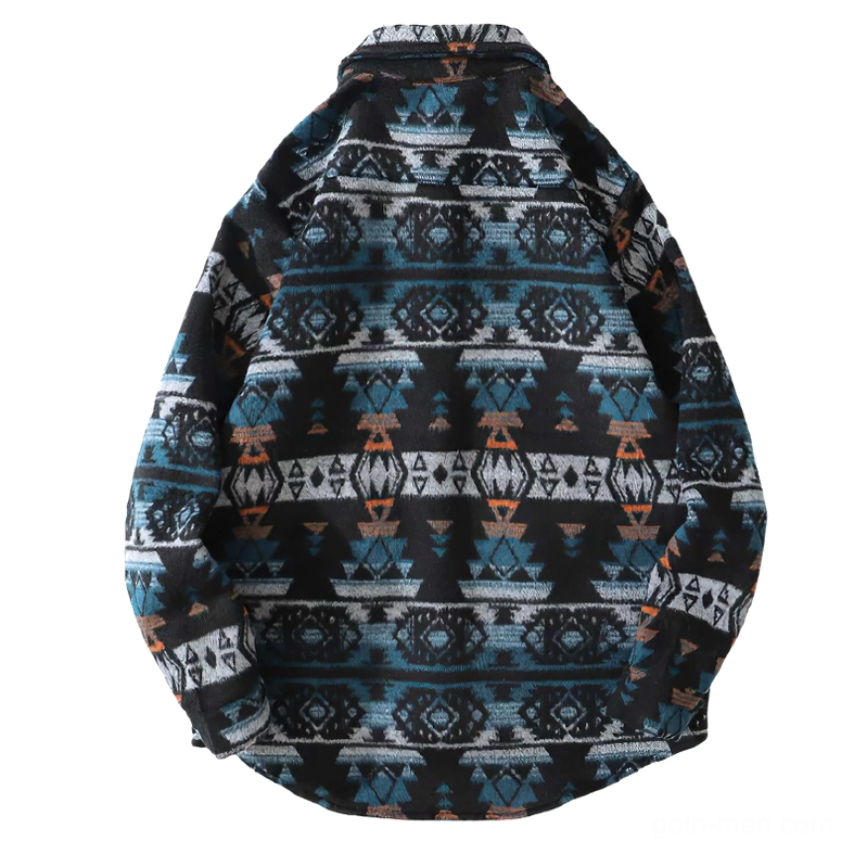 Blue black tribal geometric print shirt back view showing full occult pattern design relaxed fit