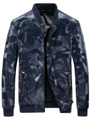 Deep blue camouflage PU leather bomber jacket front view, flat lay studio shot featuring shiny finish and structured silhouette