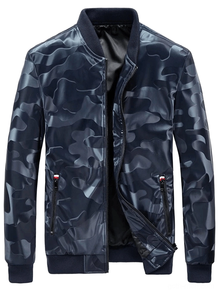 Deep blue camouflage PU leather bomber jacket front view, flat lay studio shot featuring shiny finish and structured silhouette