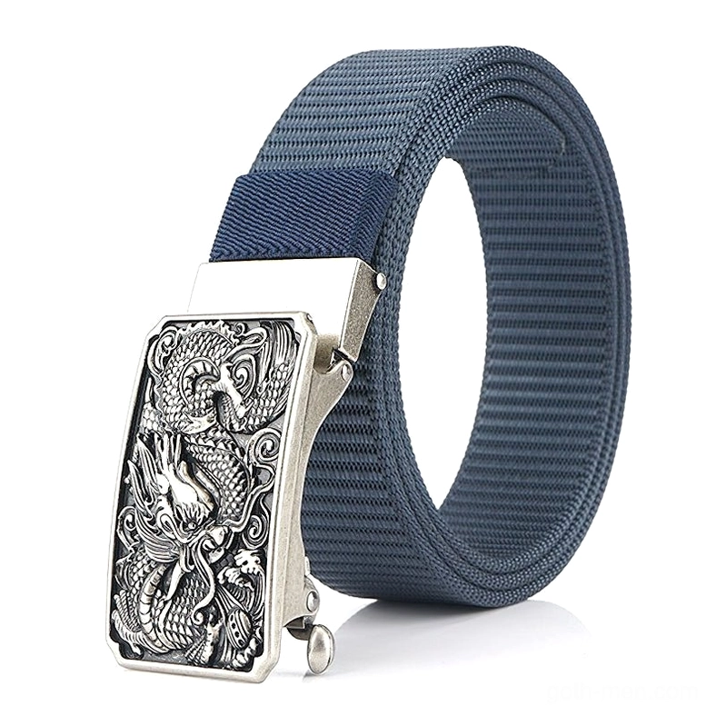 Blue nylon tactical belt with silver-toned dragon embossed buckle smooth webbed texture gothic style