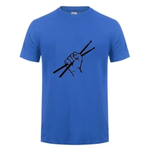 Bright blue gothic drummer t-shirt featuring black clenched fist and drumsticks design, front view