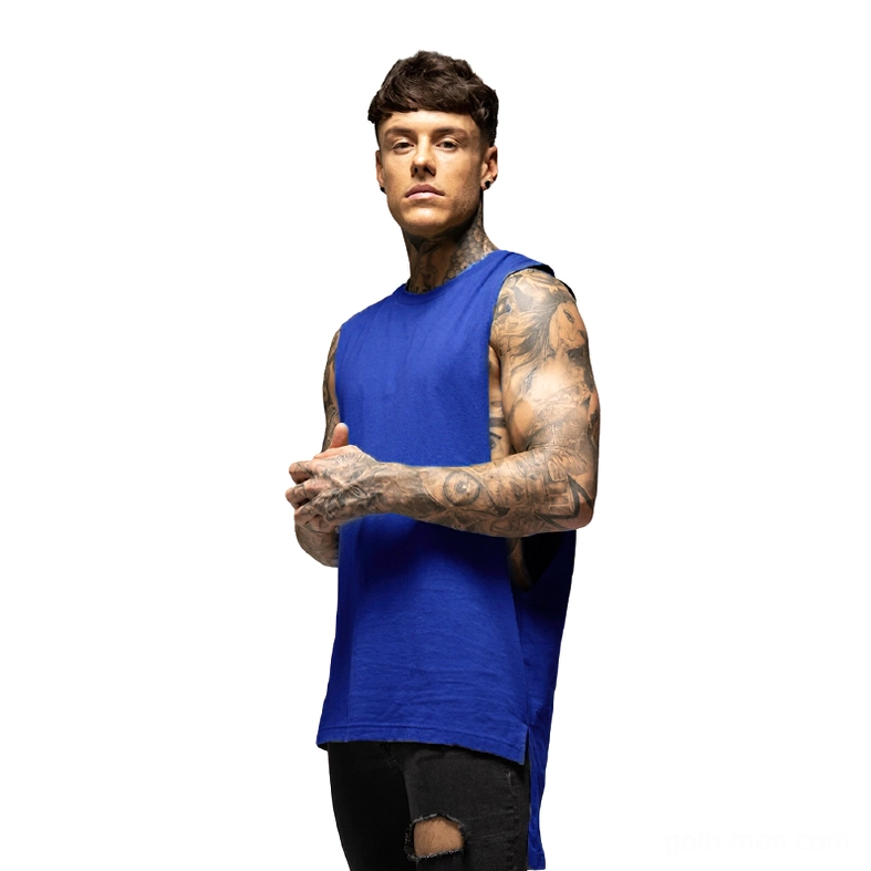 Blue gothic cutaway tank top front view - men's crew neck sleeveless vest with contemporary streetwear design