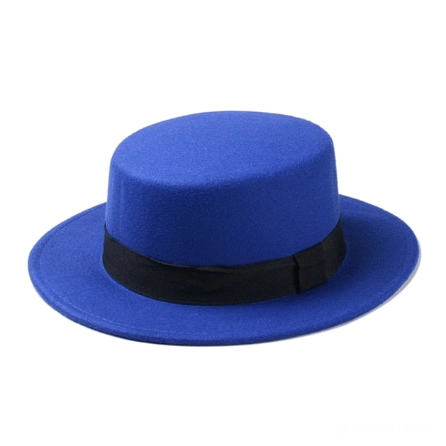 Royal blue wool felt flat top fedora with black ribbon, front view gothic fashion hat