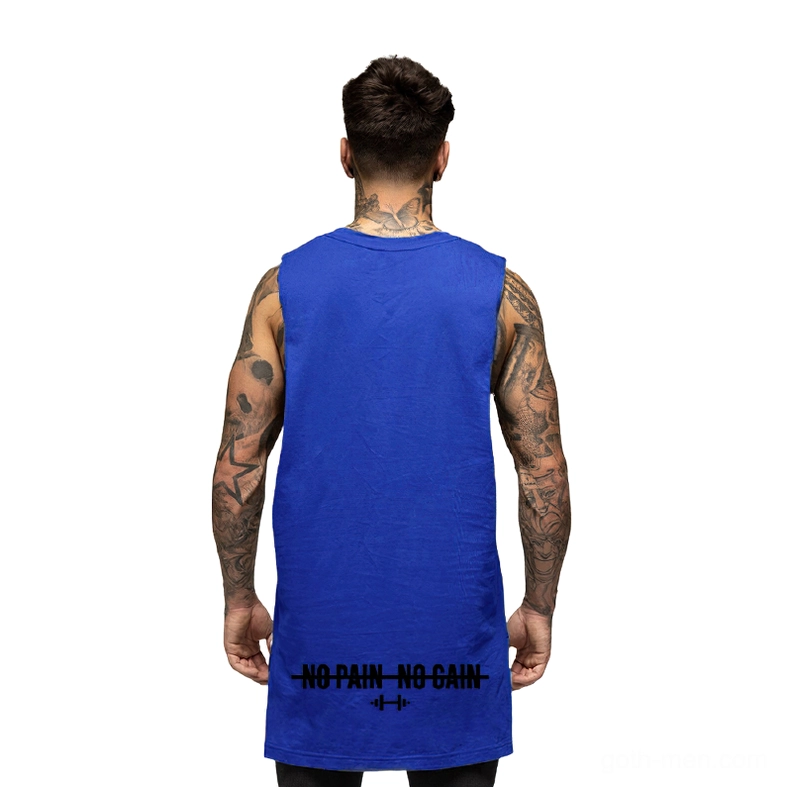 Blue gothic sleeveless gym shirt back view - men's tank vest with NO PAIN NO GAIN back print